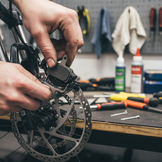 Shimano resin disc brake pads being installed into a mountain bike caliper