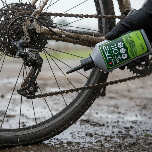 Wet oil being applied to a bicycle chain in winter conditions