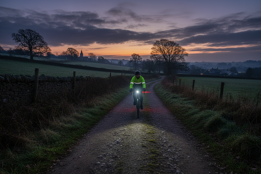 Cyclist riding at dusk on a country trail with front and rear lights illuminating the path — be seen, be safe on UK roads and trails