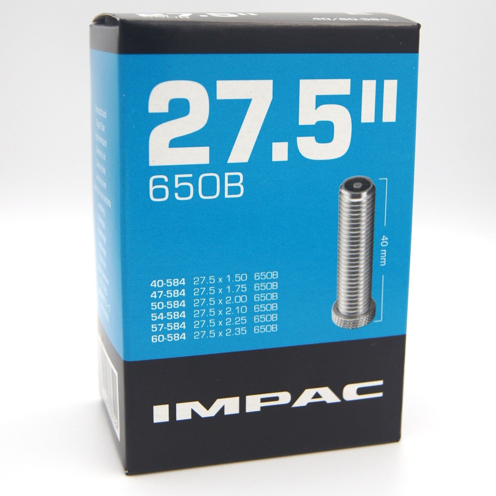 A boxed Impac 27.5 inch inner tube with 40mm AV, predominantly black and blue packaging.