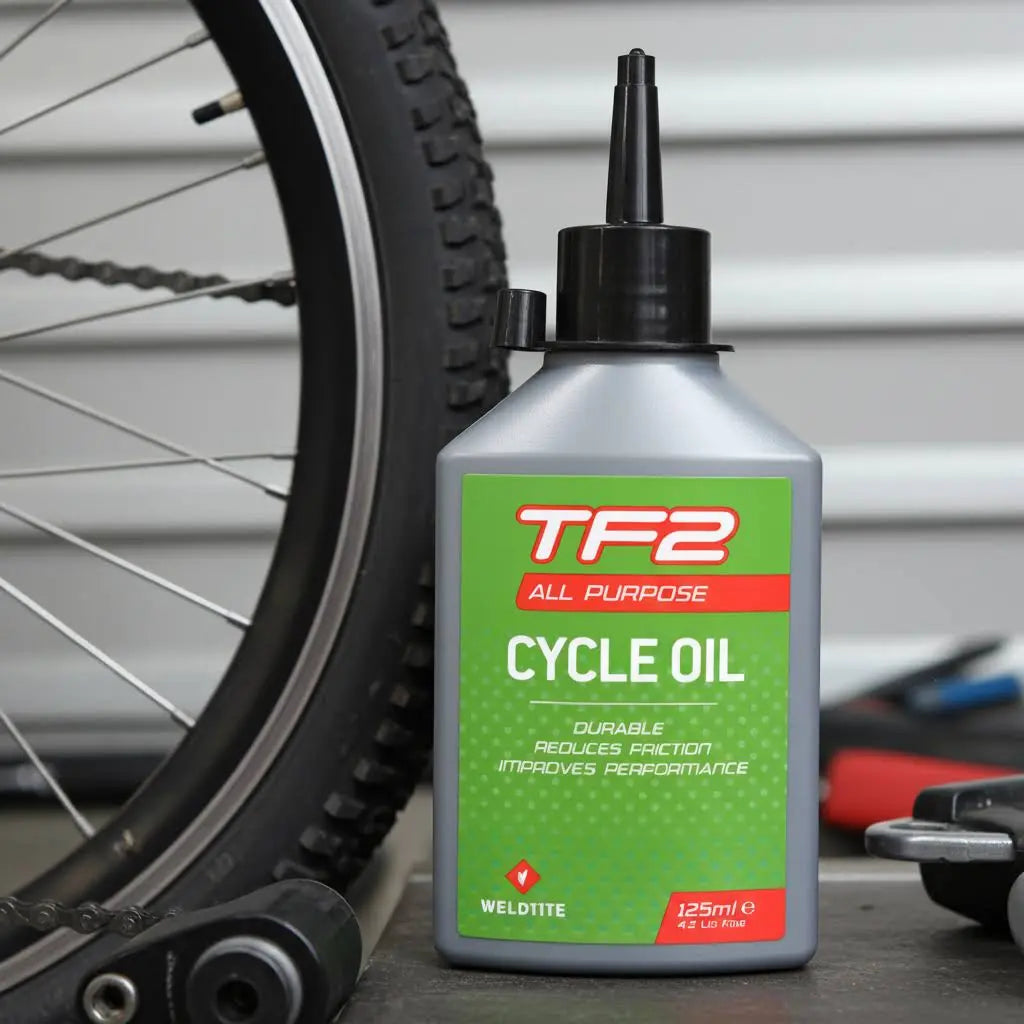 Weldtite TF2 All-Purpose Cycle Oil 125ml being applied to a bike chain