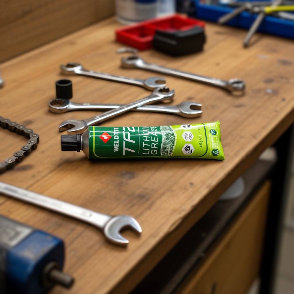 Tube of  TF2 lithium grease on a wooden workbench with tools around