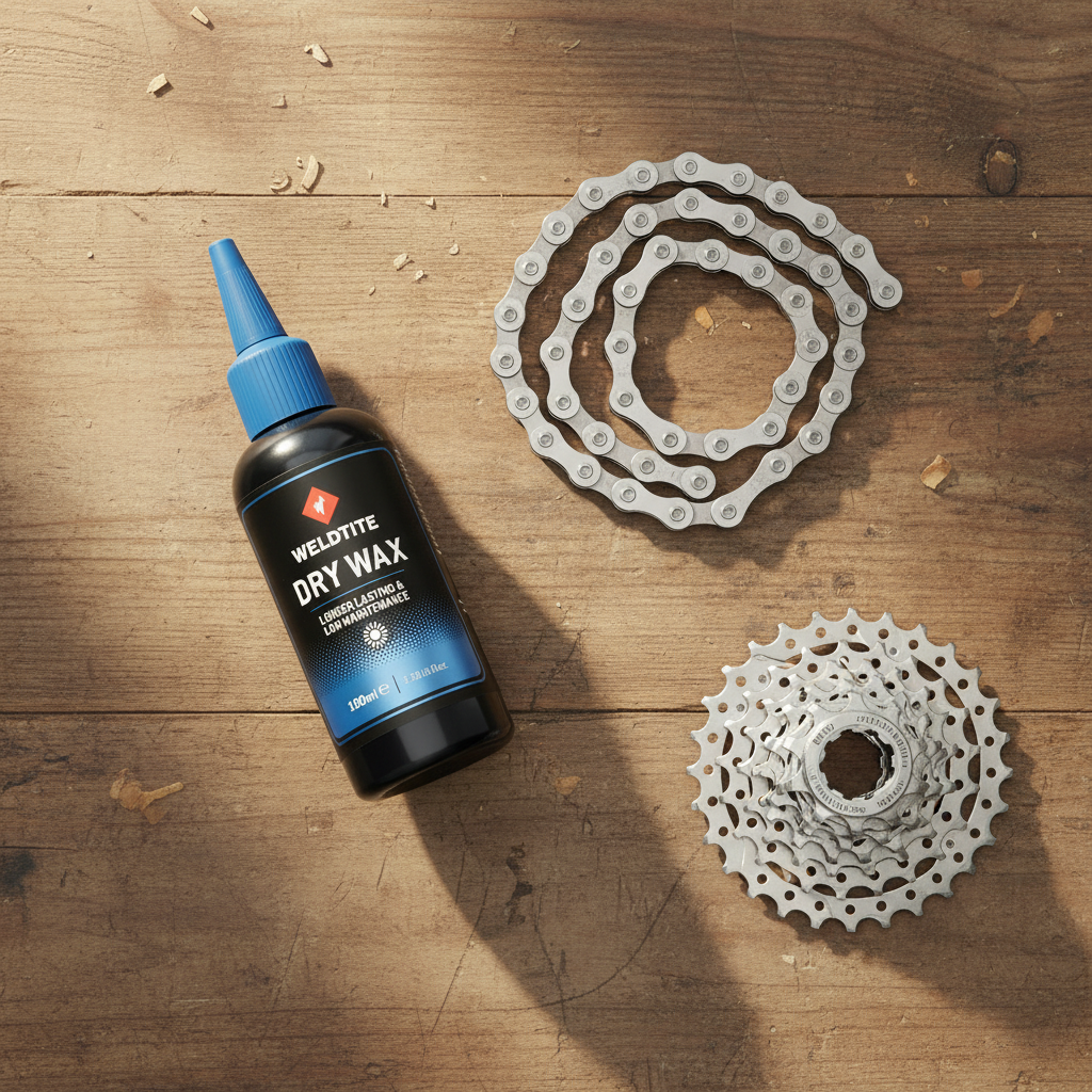 Weldtite dry wax bottle on workbench next to bicycle chain and cassette