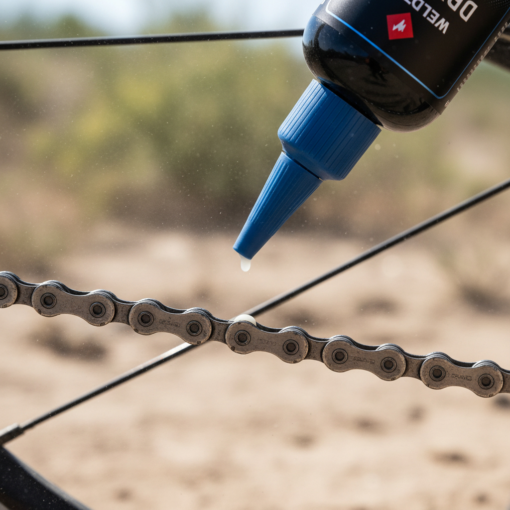 Weldtite dry wax chain lube being applied to a road bike chain