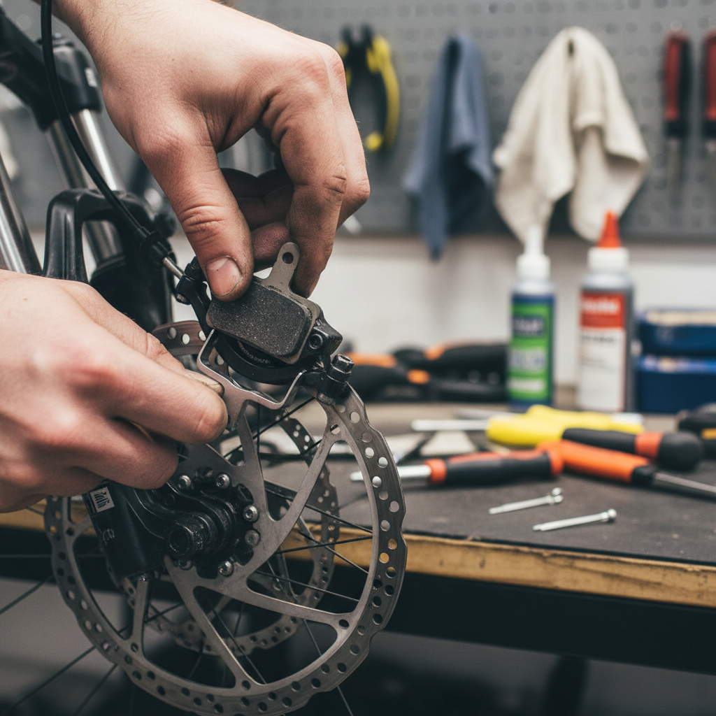 Shimano resin disc brake pads being installed into a mountain bike caliper