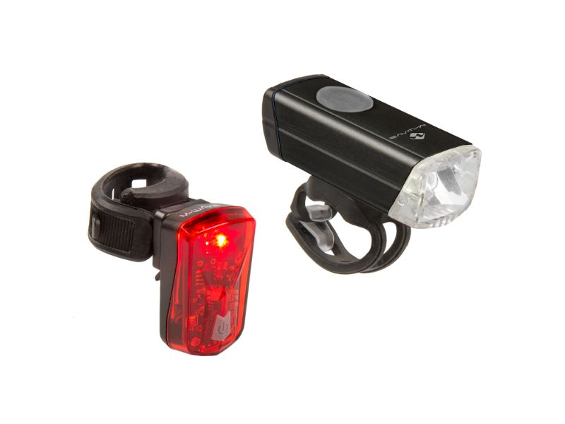 M-Wave Atlas 20 USB bike light set — LED rechargeable front and rear lights on white background