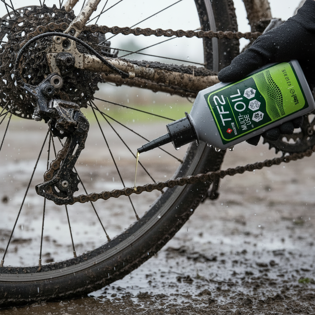 Wet oil being applied to a bicycle chain in winter conditions
