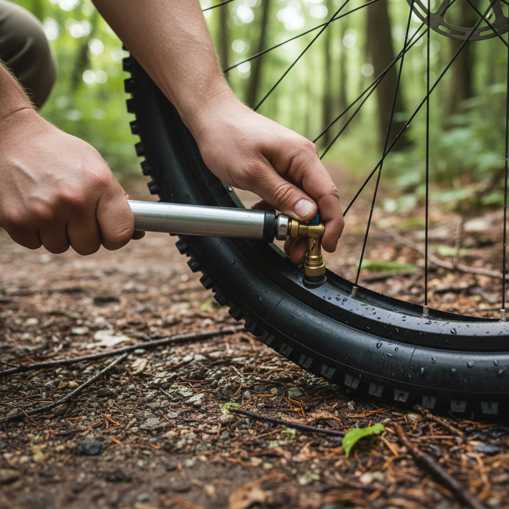 Schrader valve of a 29 inch inner tube being inflated with a pump