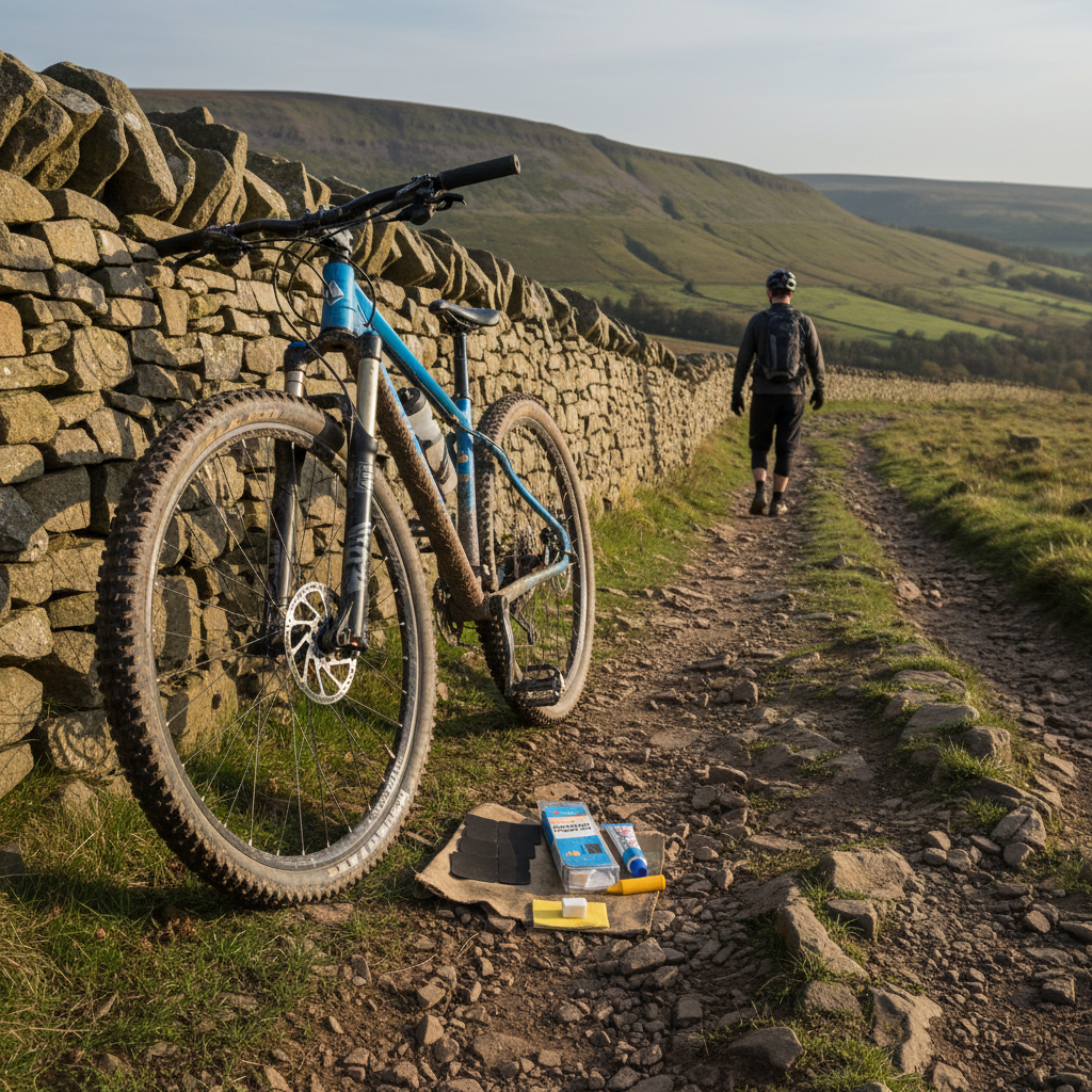 Weldtite puncture repair kit laid out next to a mountain bike wheel on a Peak District trail