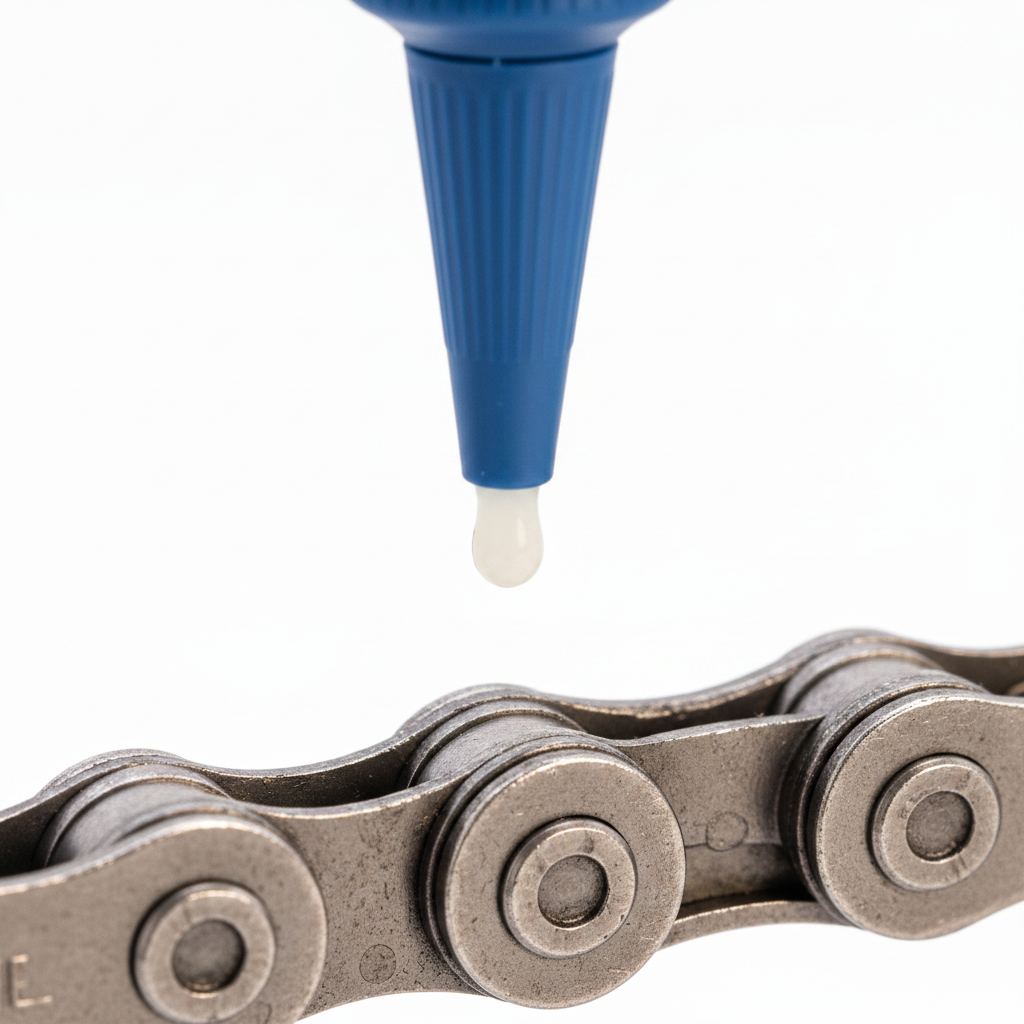 Macro close-up of dry wax chain lube drop falling from nozzle onto a bicycle chain link