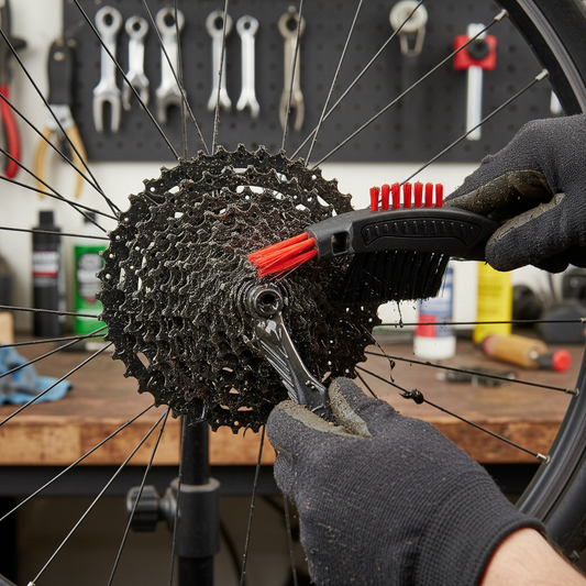 Weldtite Sprocket Brush in use scrubbing a dirty bicycle cassette