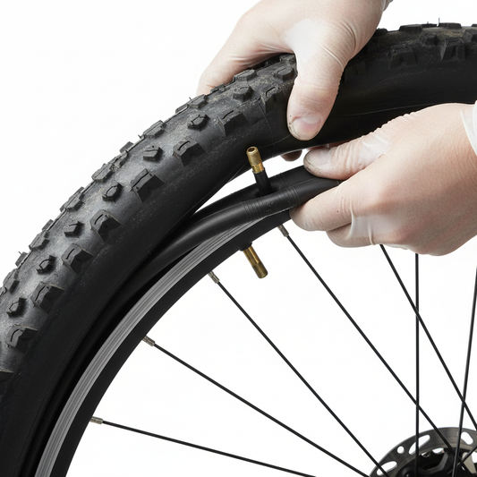Hands fitting a 26 inch inner tube into a mountain bike tyre with Schrader valve clearly visible through the rim