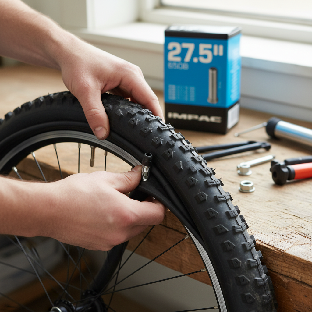 Hands fitting an Impac 27.5 inch inner tube into a mountain bike tyre on a workshop workbench