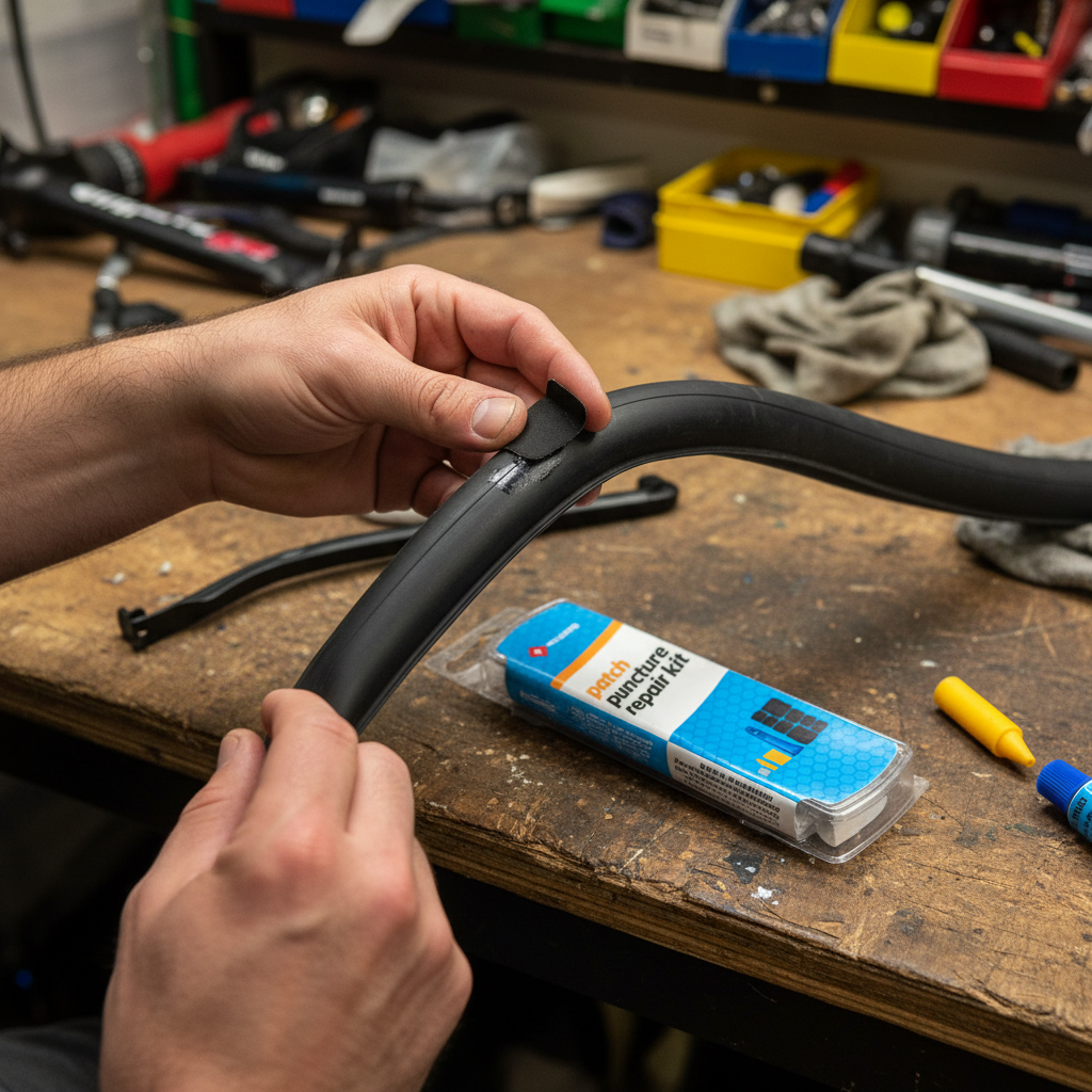 Hands applying a Weldtite patch to a punctured bicycle inner tube