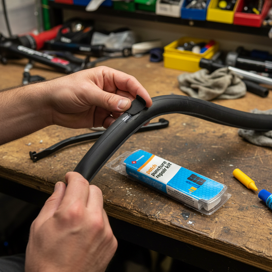 Hands applying a Weldtite patch to a punctured bicycle inner tube