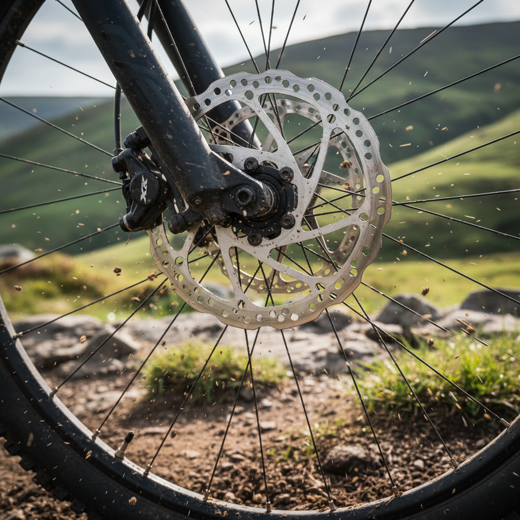 Mountain bike disc brake rotor and caliper on a trail bike