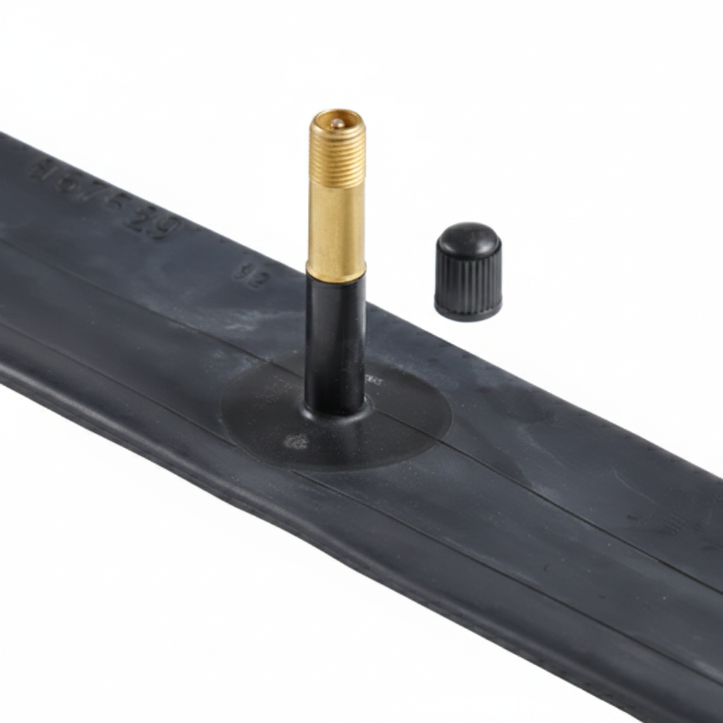 Impac inner tube Schrader valve detail showing brass valve stem connecting to rubber tube with dust cap